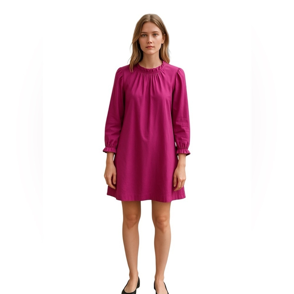 J. Crew Women’s Fuchsia Size 8 Short Shift Dress, Ruffle Accents, Long Sleeve - Picture 3 of 4